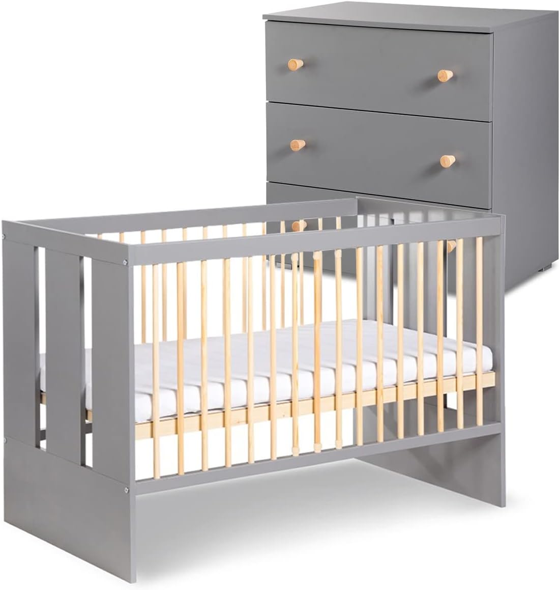 LIT BEBE AVEC COMMODE A LANGER Gris ET Bois 120x60 cm- NISA