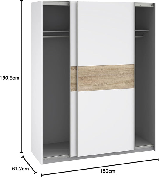 Armoire Portes Coulissantes, Style Scandinave, Blanc/Chêne Sonoma, 150x190.5x61cm