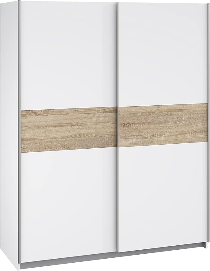 Armoire Portes Coulissantes, Style Scandinave, Blanc/Chêne Sonoma, 150x190.5x61cm